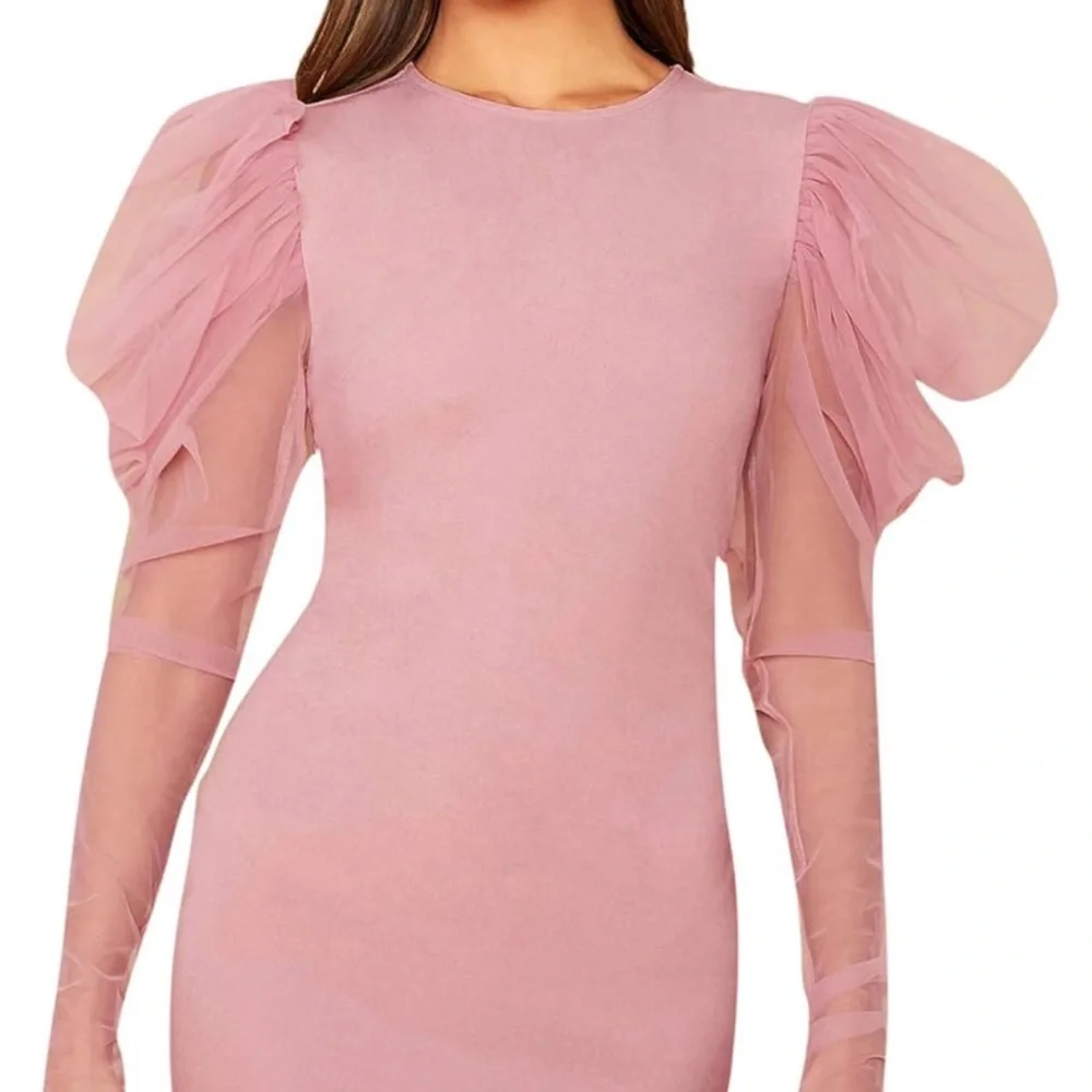 Women's Elegant Contrast Mesh Gigot Sleeve Bodycon Party Dress Pink Medium - Picture 3 of 10